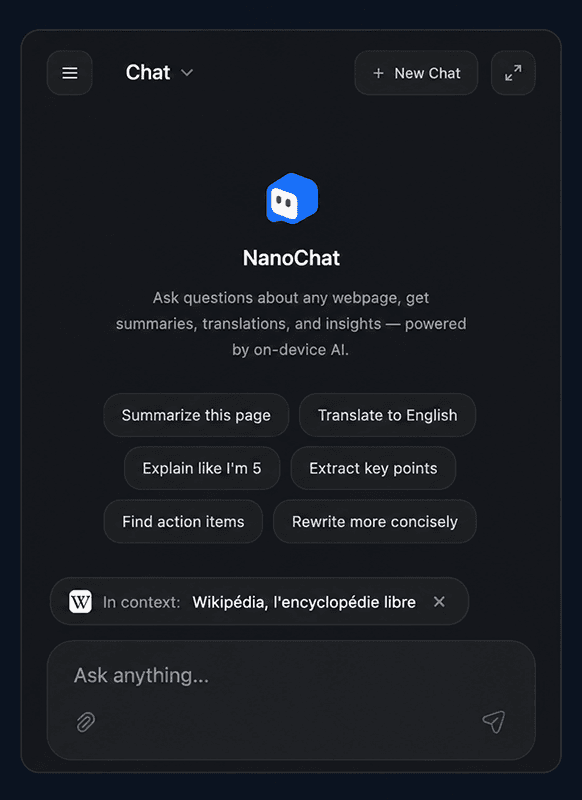 NanoChat side panel: prompts like Summarize this page, Translate to English, Explain like I'm 5.