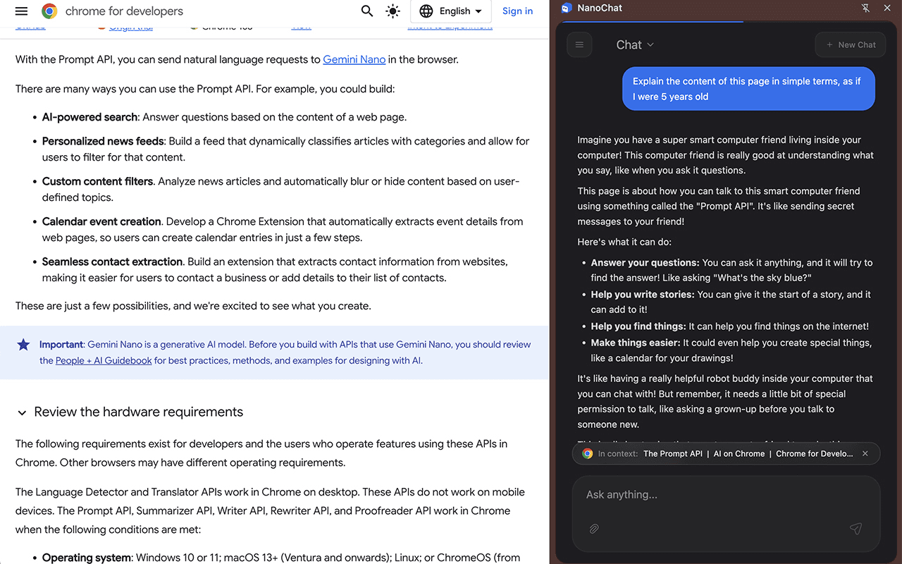 NanoChat sidebar answering questions about the Chrome for Developers documentation page.